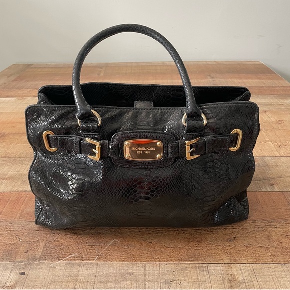 Michael Kors Snake Embossed Hamilton Handbag Black - Picture 10 of 13